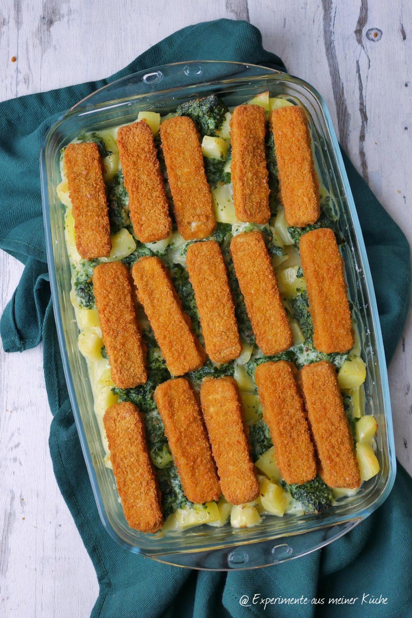 Vegetarischer Fischstäbchen Auflauf mit Spinat - Experimente aus meiner